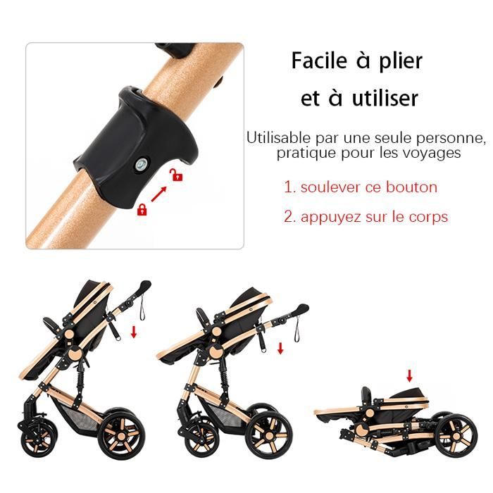 MagicZC Poussettes nouveau né,bebe 3 en 1,pour 0-3 ans,convertible Nacelle,siege auto,Position Allongée,or noir