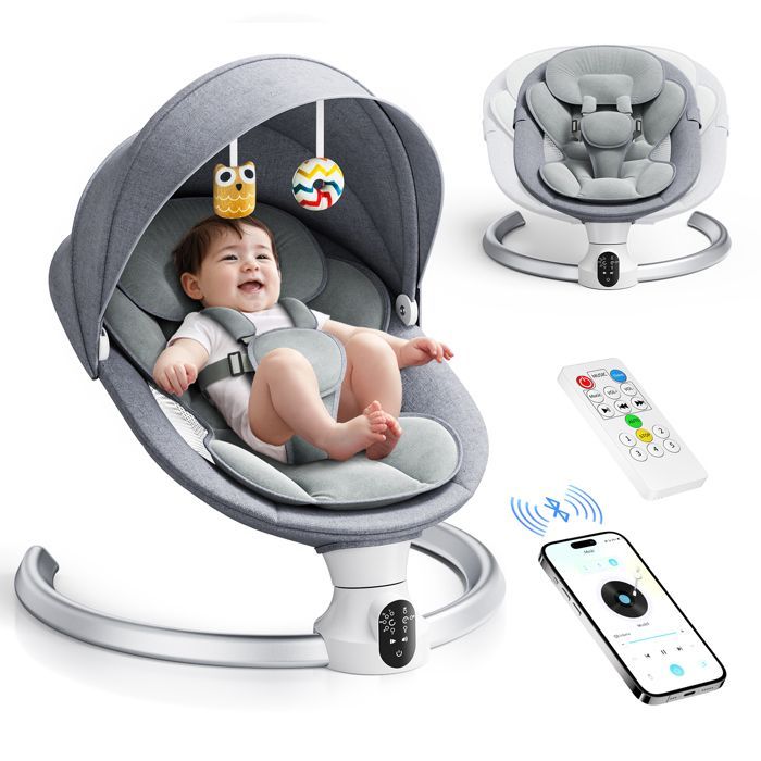 Sdraietta elettrica per neonati, controllabile tramite app e telecomando, adatta dalla nascita fino a 9 kg, con sistema di imbracatura a 5 punti migliorato.