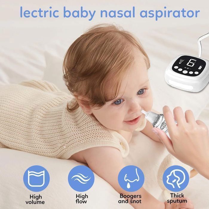Aspirador nasal para bebés - 9 niveles de succión y música suave - Incluye 5 puntas de silicona - Recargable - Blanco