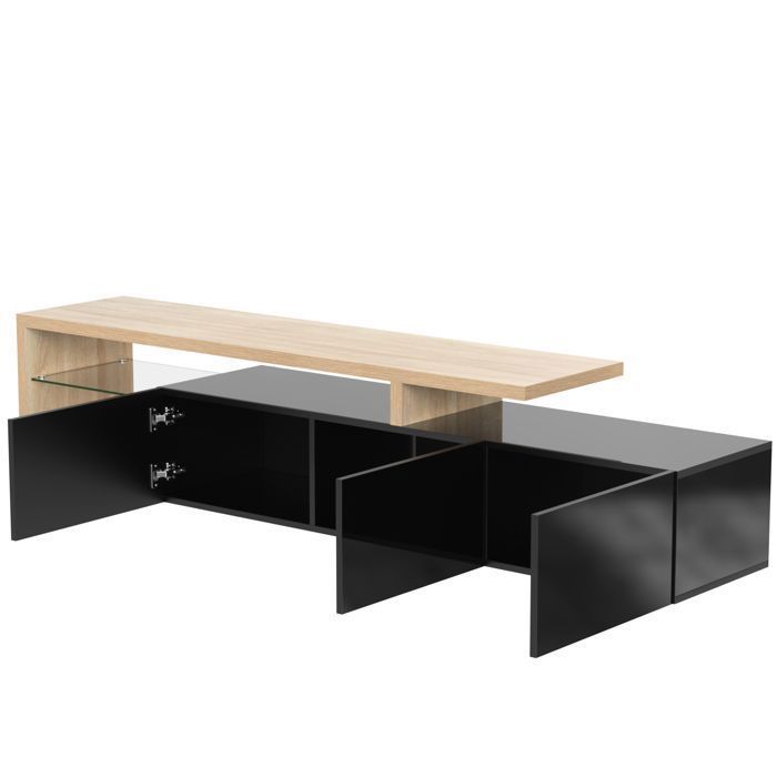 Elegante mueble para TV LED de madera negra con 3 puertas de alto brillo, estantes de cristal, soporte/aparador de diseño moderno para salón, 198x39x42cm