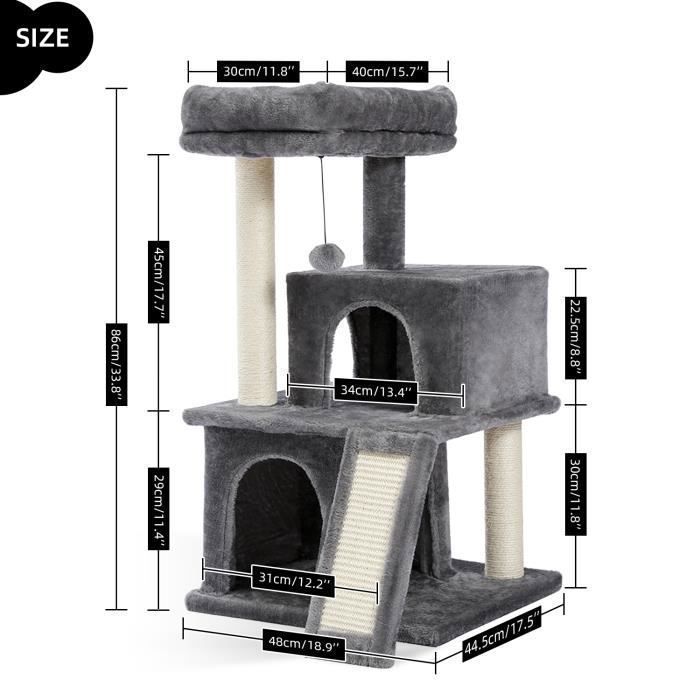 PAWZ Road Katzenbaum, 86 cm, mit herausnehmbarem, geräumigem Kissen, Kratzbaum mit austauschbarem Hängebommel, Grau