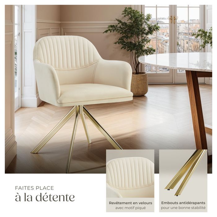 Chaise - TECTAKE - Fauteuil LONA pivotant à 360° avec rembourrage épais et dossier arrondi 56 x 59 x 81 cm - Crème/Or