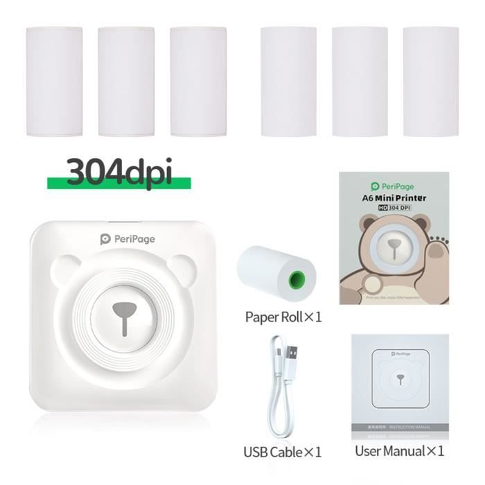 New Resolution - PeriPage A6 Mini Thermal Printer HD 304DPI BT AR Photo Function with 7 Rolls of Thermal Paper White