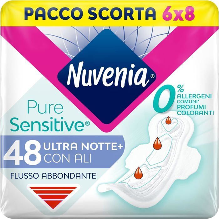 Absorbent Pure Sensitive Ultra Night with Wings, Absorbent Pads for Heavy Flow, Pack of 48 Sanitary Pads