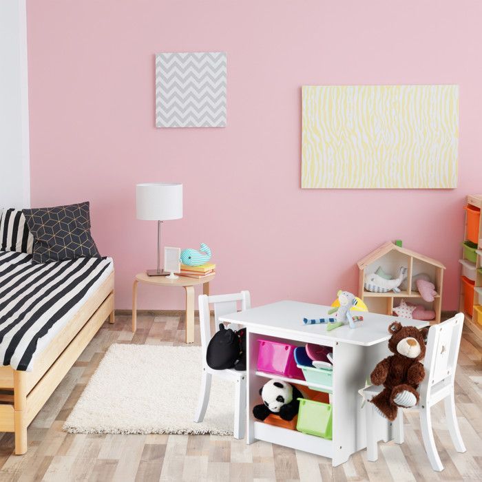 Conjunto de mesa y sillas de madera para niños Relaxdays ALBUS con cestas de almacenamiento, color blanco.