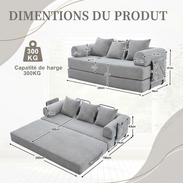 Canapé modulable - LANGTU - Modulable - Velours côtelé gris clair - Cadre métal - 3 coussins & poche latérale
