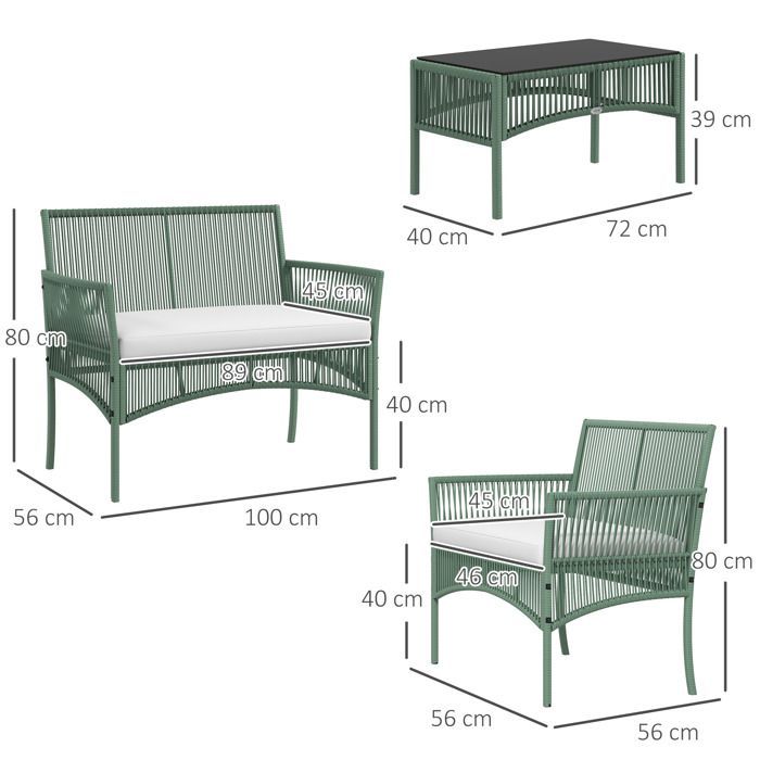 Conjunto de muebles de jardín Outsunny de 4 piezas: sofá de 2 plazas + 2 sillones + 1 mesa de centro con tablero de cristal templado y 3 cojines.
