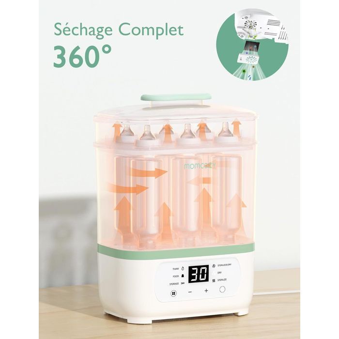 Momcozy 2-in-1 Sterilisator-Trockner, kompaktes Multifunktionsgerät für Babyflaschen und Milchpumpen.