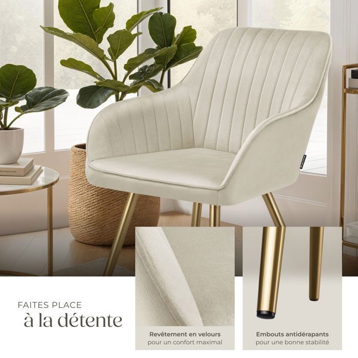 Chaise - TECTAKE - Fauteuil de salle à manger MARYLIN aspect velours et matelassé avec pieds en acier doré - Crème/Or