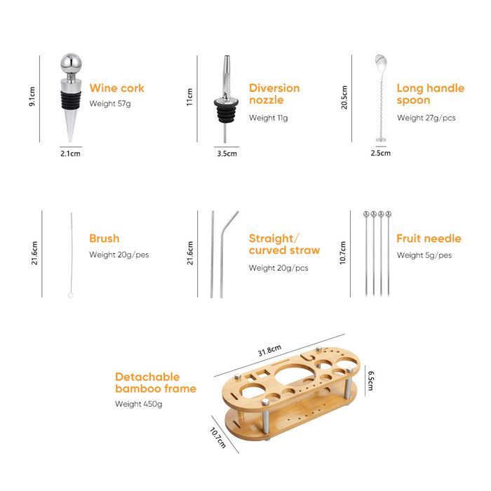 Set da shaker per cocktail da 750 ml, set da 23 pezzi in acciaio inox con supporto in legno, kit professionale da barman, include colino e misurino per miscelare