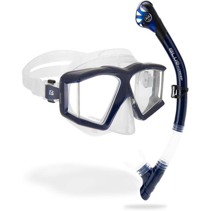 Conjunto CRESSI Horizon+Scilla con 4 lentes templadas y tubo de snorkel seco - Unisex para buceo/snorkel, azul marino