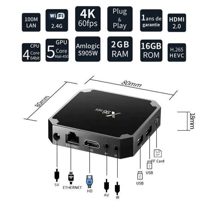 TV BOX X96 MINI 2GO + 16GO Android 9.0 Multi-Core 64bit Cortex-A53, GPU Mali-450,4KHD, 2.4GWIFI, Lecteur Multimédia Box