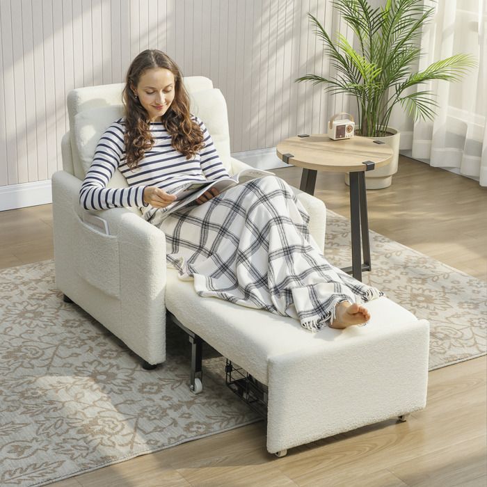 Sillón convertible - HOMCOM - almacenamiento oculto, asiento ancho acolchado - tejido polar Teddy - 72 x 85,5 x 91 cm - color crema