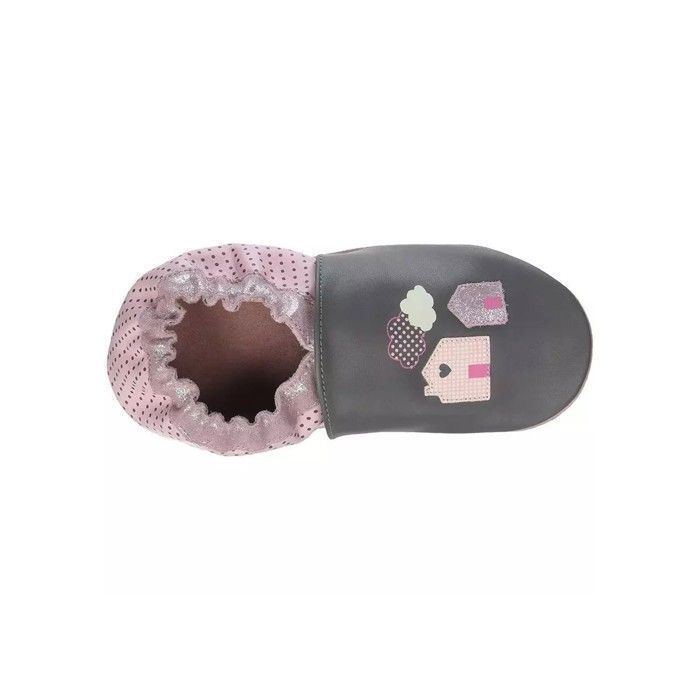 Baby leather slippers - ROBEEZ - Home Sweet Home - Grey - Flat heel - Elastic cord