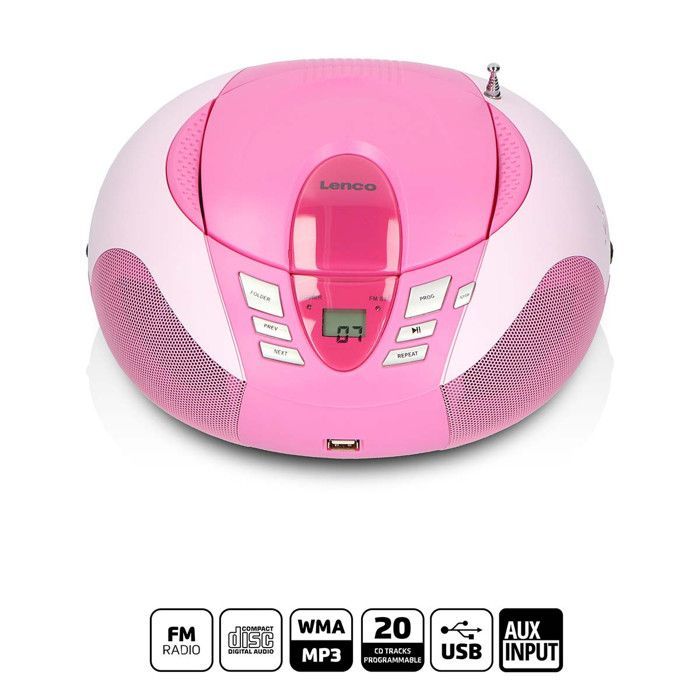 Lenco SCD-37 USB Rosa - Radio FM portatile e lettore CD/USB - Rosa
