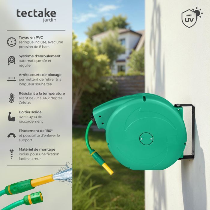 Enrouleur - TECTAKE - Dévidoire pour jardin avec support de tuyau d'arrosage automatique de 20 m - Vert