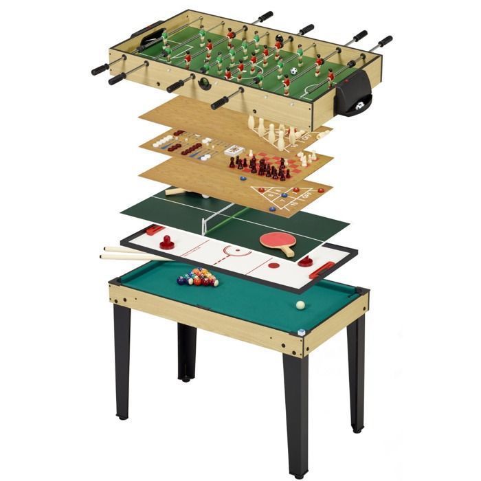 KANGUI 10-in-1 Games Table - Foosball - Billiards - Ping Pong - Hockey - Bowling - Cards - Wooden Frame - Accessories Included