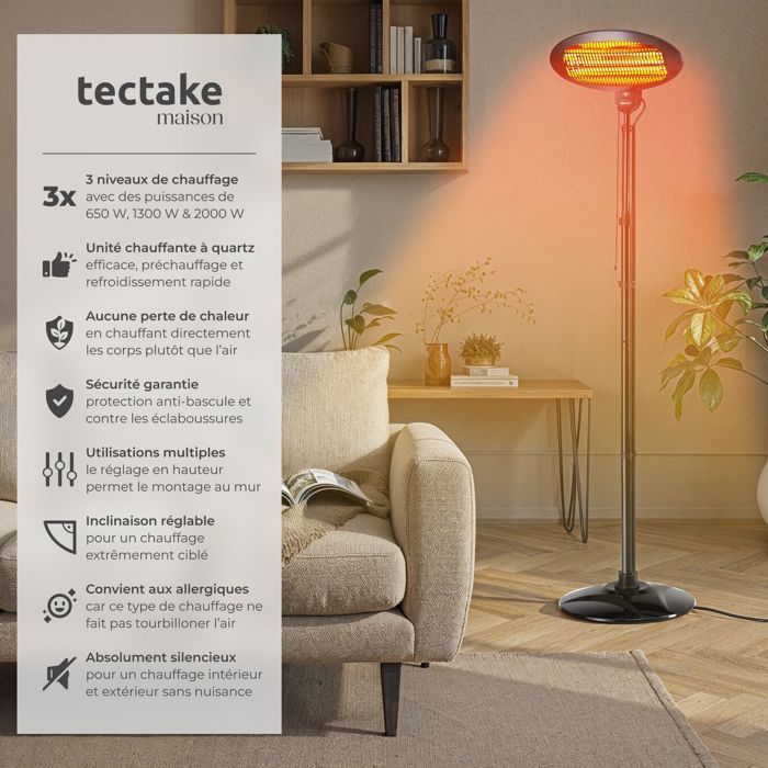 Calefacción exterior - TECTAKE - Solaris Monolith, radiador infrarrojo de 2000 W, regulable en altura con 3 niveles de potencia.