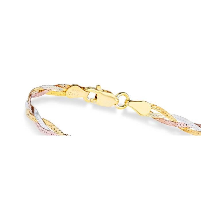 Bracelet O830F tricolore or 18 carats sur argent sterling italien 3 brins diamant taillé 4 mm tressé chevrons lien chaîne bracelet