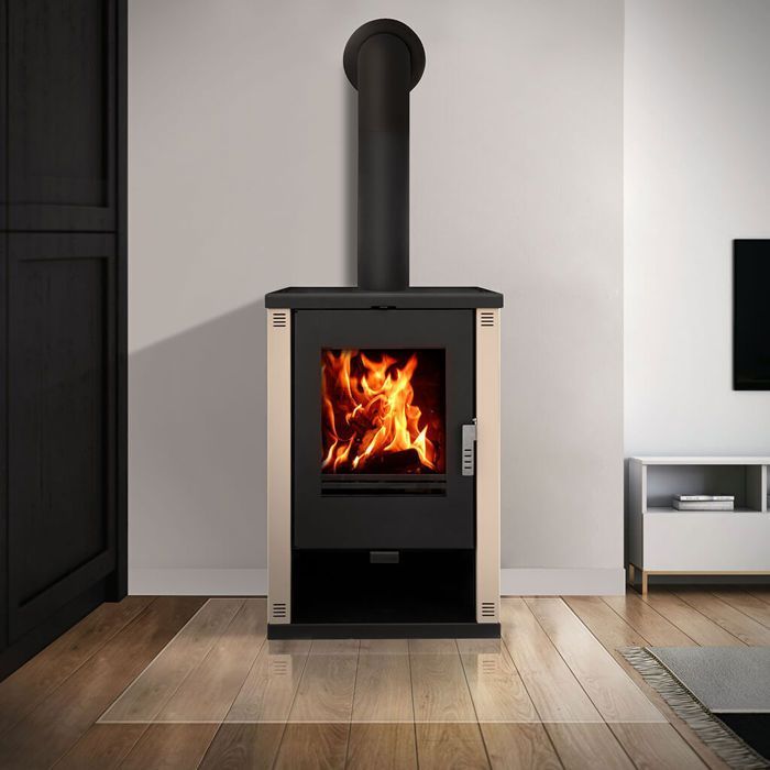 Poêle à bois Verso Theia - 9 kW | Panneaux latéraux ivoire et design contemporain