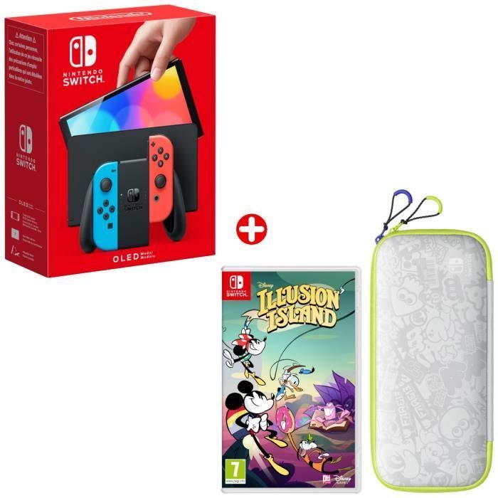 Paquete Nintendo: Consola Nintendo Switch - Modelo OLED • Neón + Isla Ilusión Disney + Estuche de Splatoon 3