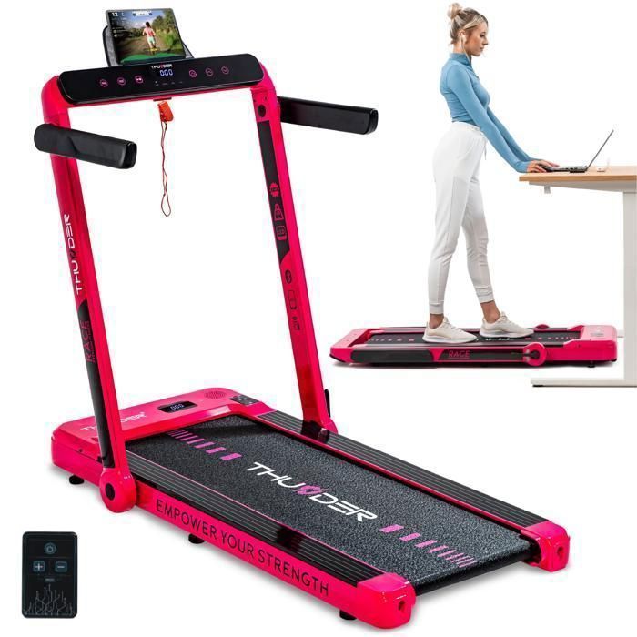 Tapis roulant pieghevole THUNDER® RACE-PINK | Velocità regolabile 1-14 km/h | App Bluetooth | Peso massimo supportato 130 kg | Display a LED | Rosa