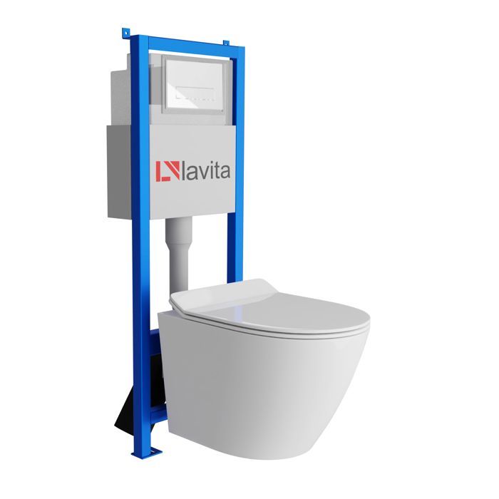 Lavita LAV101 WC-Rahmenelement 40 cm + SOGO SLIM Wand-WC, weiß, spülrandlos + LAV3.1 weiße Betätigungsplatte | Komplettset |