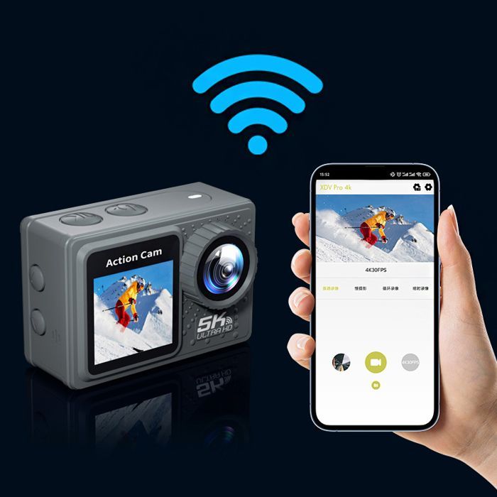 Cámara deportiva 5K a 30 FPS con doble pantalla táctil, 24 MP, resistente al agua hasta 30 m (EIS), pantalla LCD gran angular de 170° con tarjeta de memoria de 64 GB