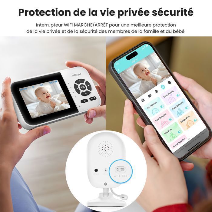 Simyke Smart Video Baby Monitor, Wi-Fi Switch, 2.8-inch Screen, App, 1500ft Range