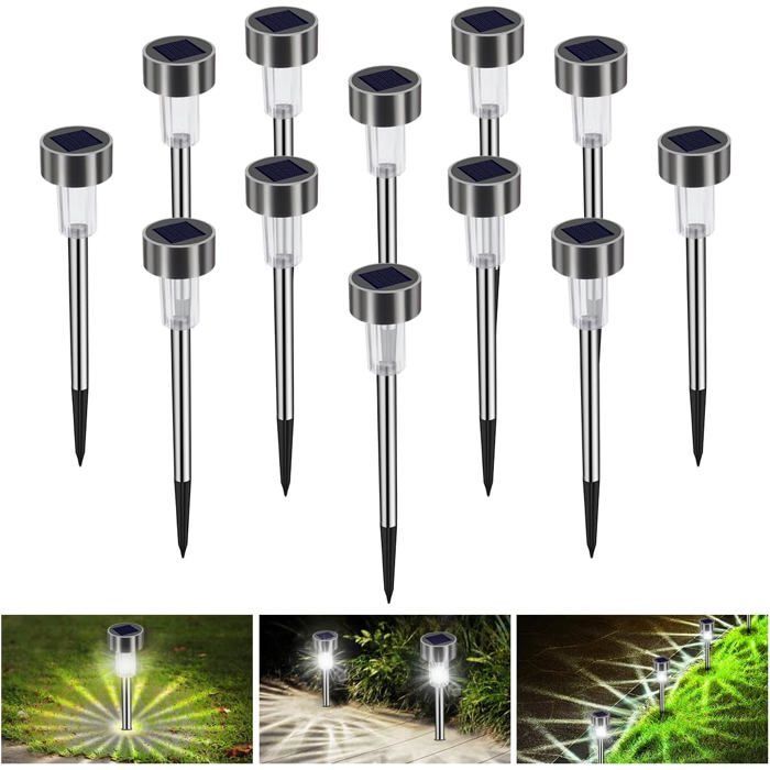 12 luces solares para jardín, luces LED de suelo impermeables IP65, iluminación solar exterior para caminos y césped (blanco frío)