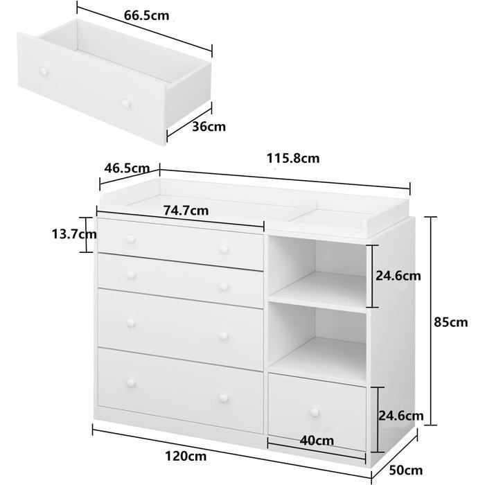 Commode à Langer avec 5 Tiroirs et 2 Compartiments, Table à Langer pour bébé, 120x50x91.5, Blanc