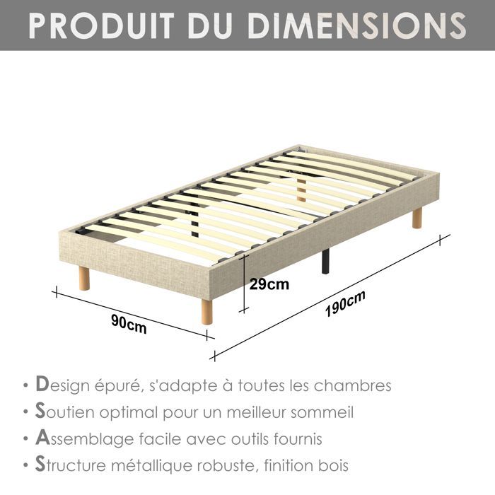 Gestoffeerde bedbodem, 90x190 cm, stevig en comfortabel bed van 90x190 cm, 1x14 lattenbodem, 6 poten, bedframehoogte 29 cm, beige