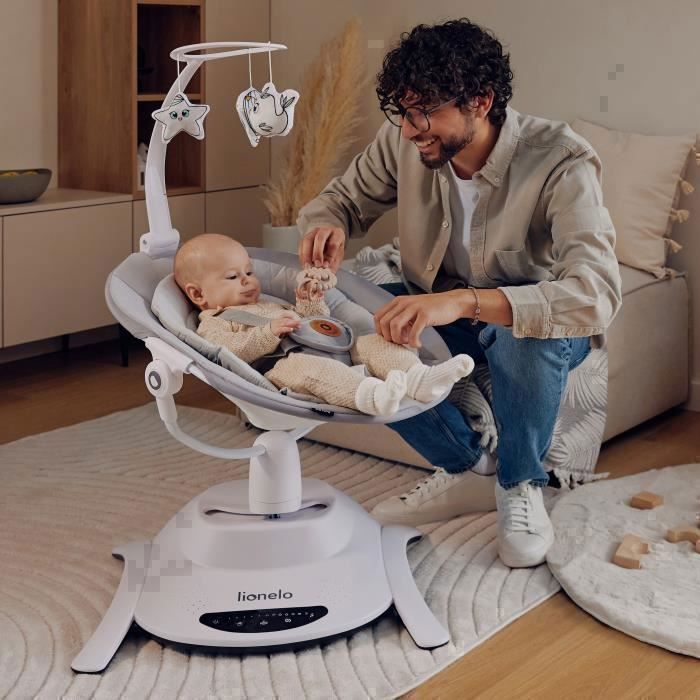 Balancelle Bébé Électrique 360° LIONELO Bella - Télécommande - Léger - 12 mélodies - 6 modes de balancement - Arche à jouets