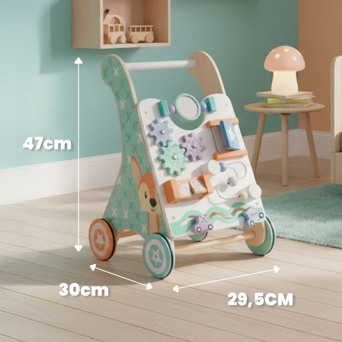 Wooden Baby Walker for Ages 12 Months and Up with Play Panel, Rotating Wheels, Maze, Mirror, and Accessories