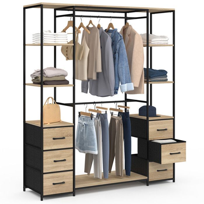 IDMARKET UTAH double wardrobe + double column, 140 cm wide, with 6 shelves and 6 fabric bins in wood and black