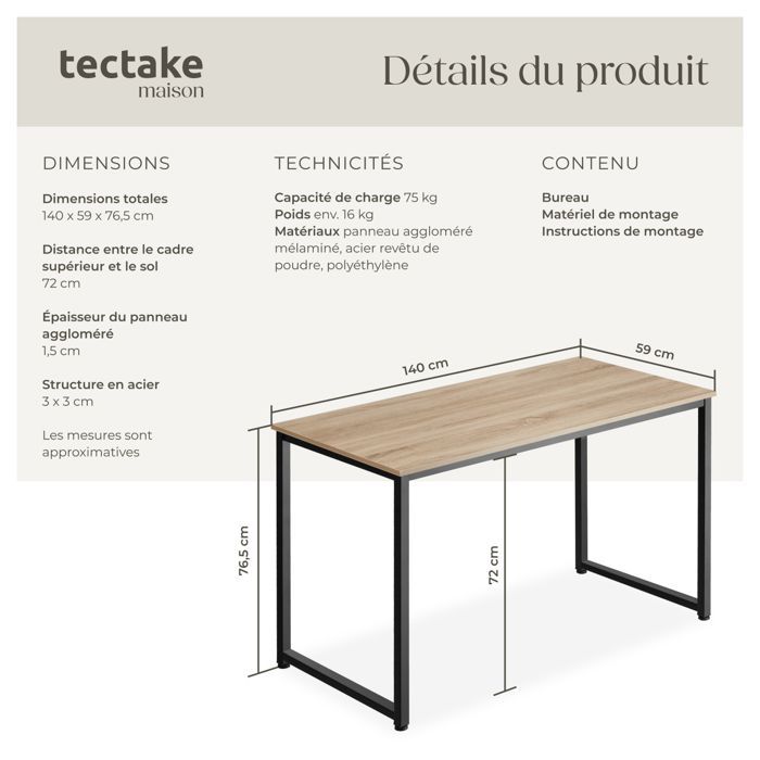Desk - TECTAKE - FLINT desk in wood and steel 59 x 140 x 76.5 cm - Light wood