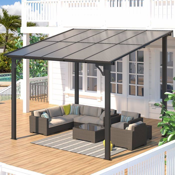 Pérgola mural YODOLLA de aluminio y policarbonato - Resistente a la intemperie - 2,4 x 3 m - Negra