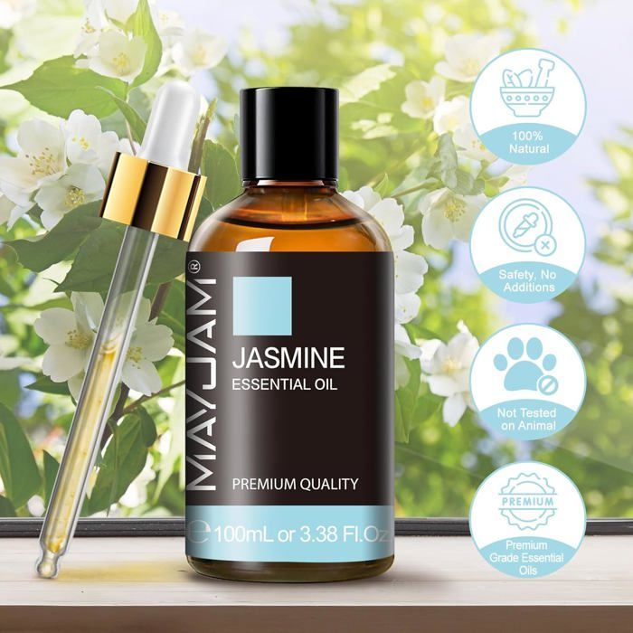 Aceite esencial de jazmín 100 ml, aceite de jazmín 100% puro, ideal para aromaterapia, difusor de aromas y aceite de masaje perfumado.