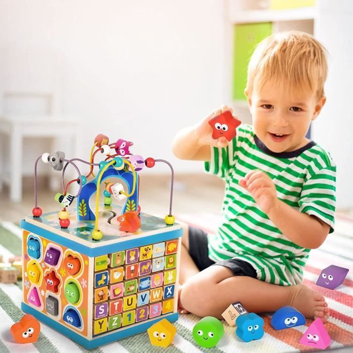 Wooden Activity Toy - AMOUNE - 6-in-1 Activity Cube - Shape Sorter - Clock - Alphabet