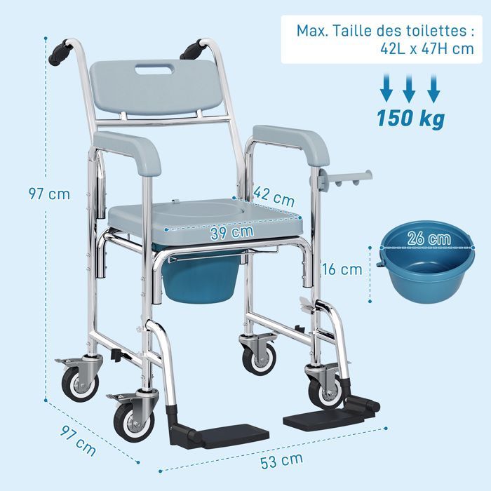Chaise percée adulte - HOMCOM - roulettes - repose-pieds, dossier et accoudoirs - aluminium et plastique - 53x97x97cm - gris