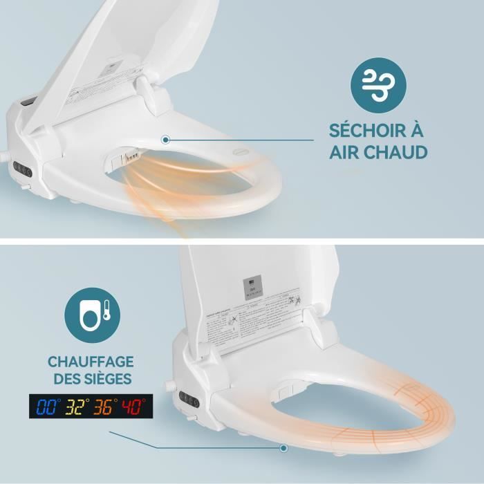 Asiento de inodoro inteligente con boquilla, pantalla LCD, temperatura ajustable, secado con calor y tapa de inodoro blanca.