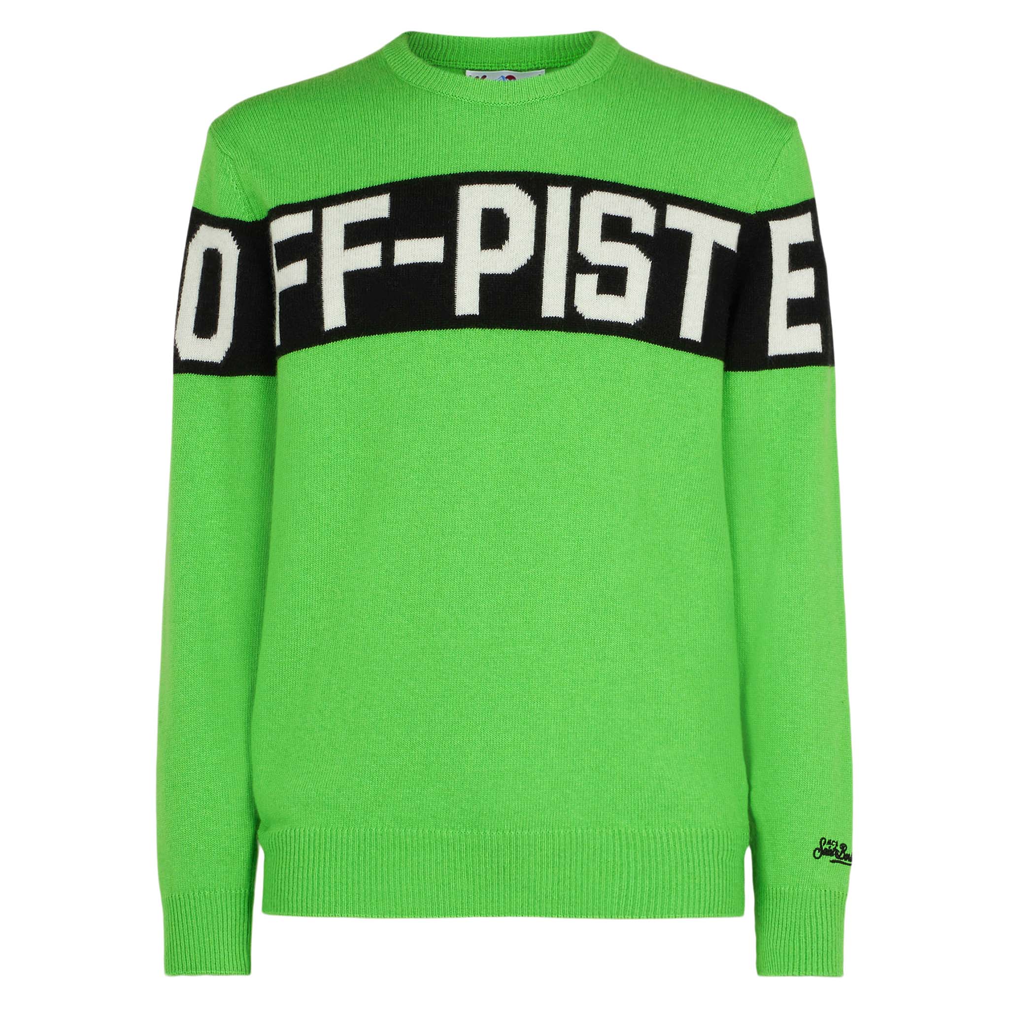 Fluorescerend groene herentrui met Off-Piste-opschrift.