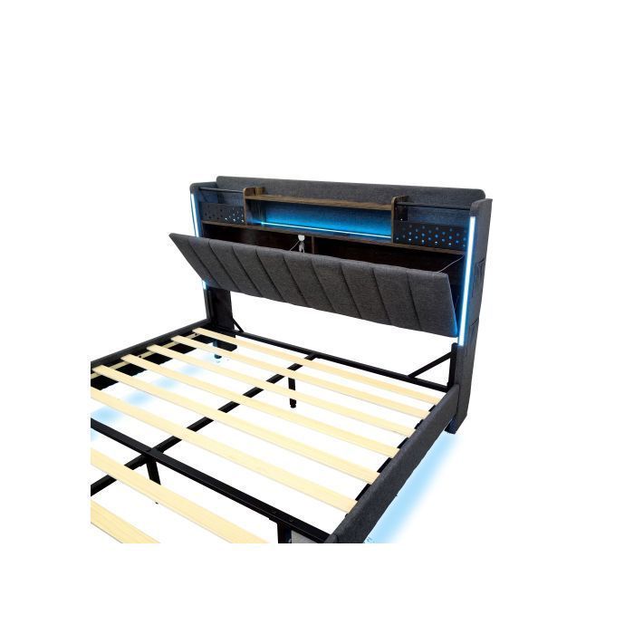 Letto matrimoniale - 160x200 - Contenitore con cassetti - Testiera multifunzionale con LED - Biancheria grigia