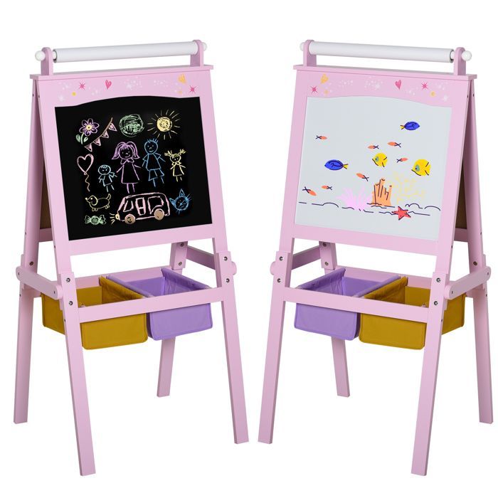 Children's Easel - HOMCOM - 3-in-1 Double-Sided Chalkboard Easel with White Chalk and Paper Roll - MDF - Pink