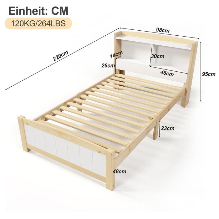 Lit Enfant en Bois Massif 90x200cm avec Matelas, Cadre de Lit avec Sommier à Lattes en Pin, Lit 1 Personne, Naturel et Blanc