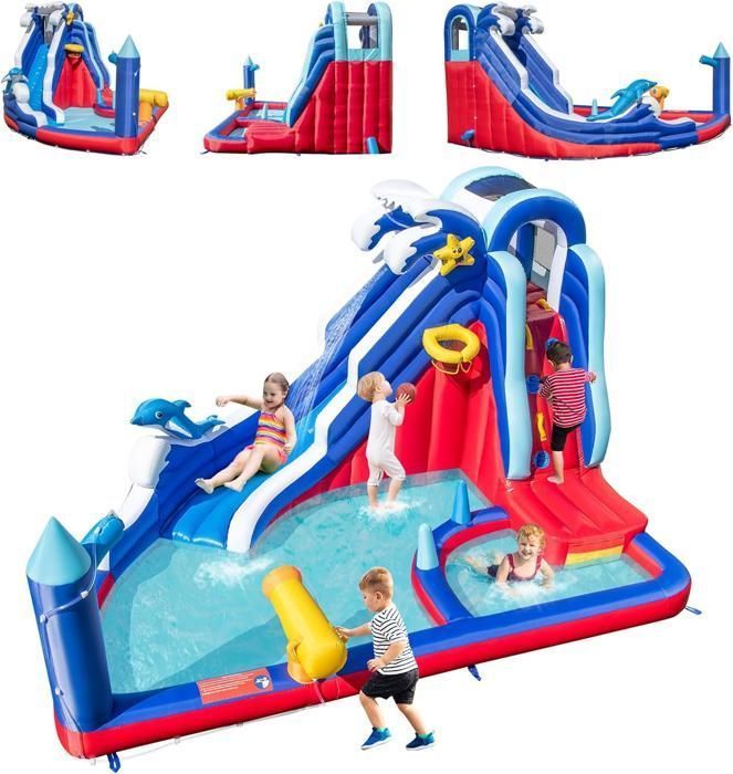 DREAMADE 6-in-1 Inflatable Castle for Children with Slide, Pool, Water Cannon, Basketball Hoop and Ring Toss Game