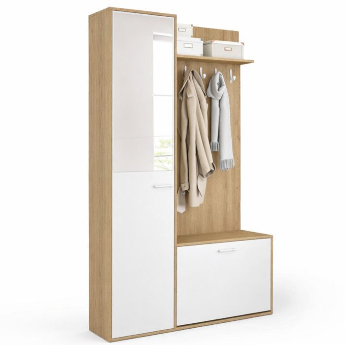 IDMARKET MAHAUT 1-Door Entryway Shoe Storage Unit with Mirror and Shelves, Wood and White Effect