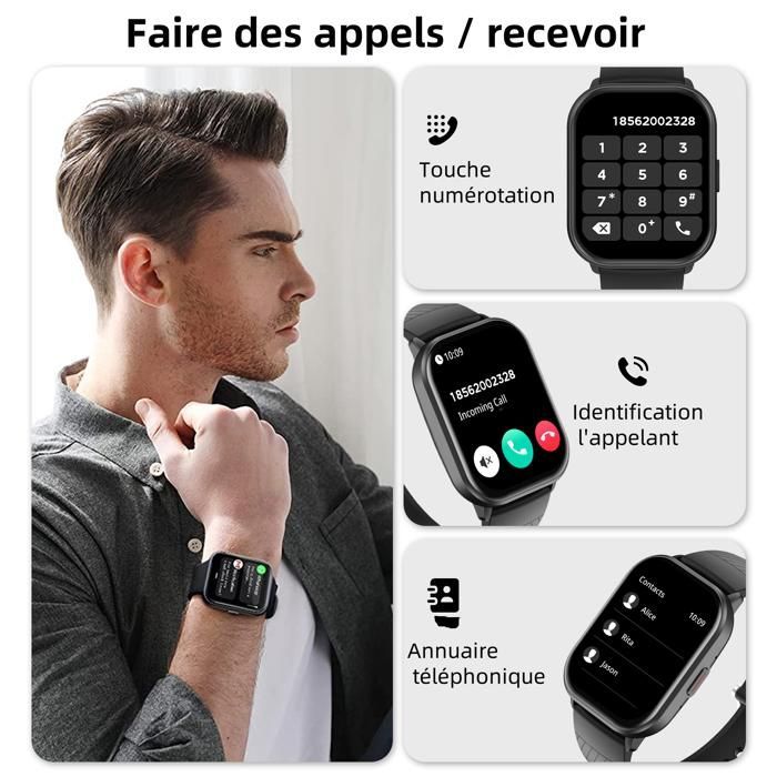 Smartwatch - 2,01 inch high-definition LCD-scherm - Activiteitstracker - 150 modi - Bellen via Bluetooth - Dubbel bandje - Waterdicht - Zwart