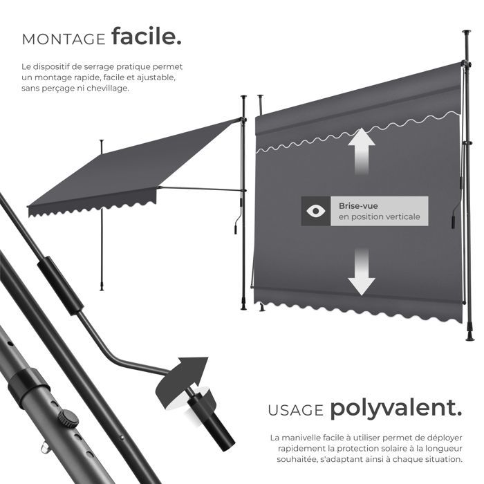 Toldo de jardín - TECTAKE - Toldo de clip sin taladrar, con manivela regulable en altura - Negro/Gris - 300 x 180 cm