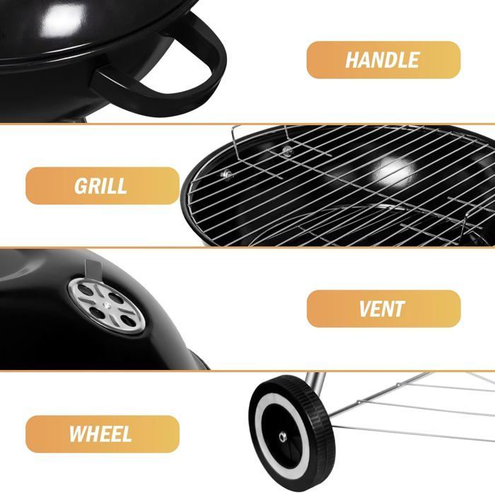 SunJas ronde houtskoolbarbecue, mobiele barbecue, draagbare tuingrill, met deksel en 2 wielen.